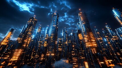 Fototapeta premium A futuristic cityscape glistens with chrome buildings under a deep night sky.