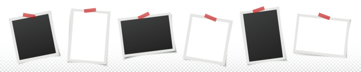 Set of vintage photo frames with red adhesive tape. Vintage style. Vector Illustration with Adhesive Tapes. 3D Vector Mockups. Retro Photo Frame Template for your Photos or Text. White Frame Borders