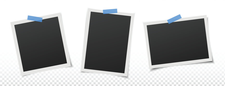 3 polaroid photo frames collection vector. Empty black photo frame mockup with overlay shadow and black background. Transparent blue tape.
