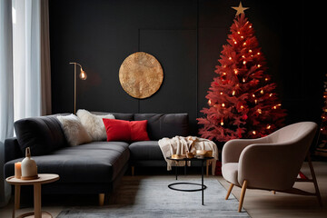 New year tree and christmas decoration in cosy room interior. AI generated.