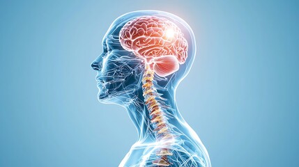 A 3D illustration of the human brain, head, and spine reveals its complex inner workings.
