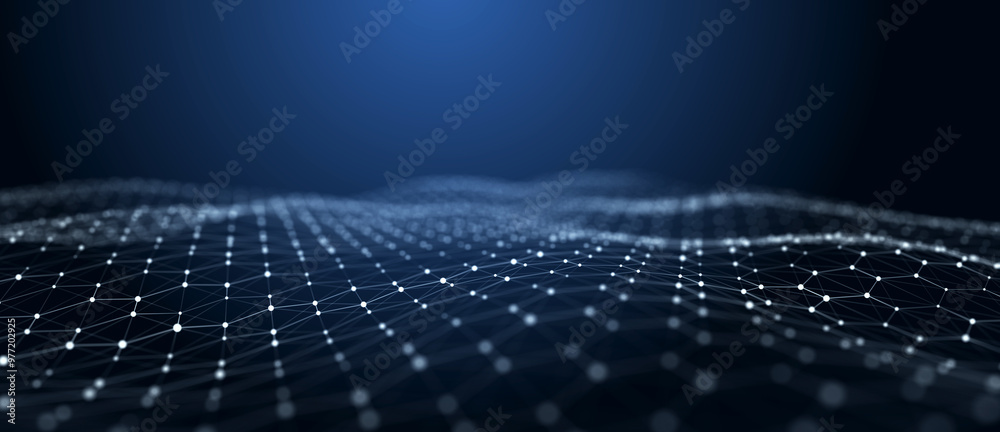 Poster Futuristic abstract mesh. Wave with the connection of dots and lines. 3D rendering.