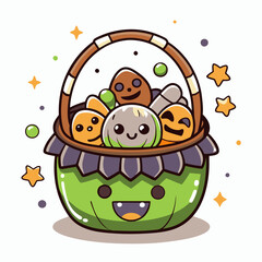 Obraz premium Smiling Halloween treat bucket with candy characters in cartoon style