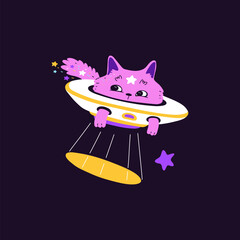 Cute cat astronaut in UFO spaceship in space, vector cartoon fantasy kitten cosmonaut space shuttle flying in night sky