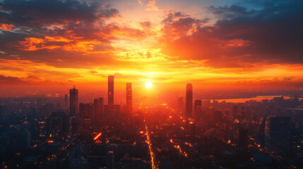 Fototapeta premium City Skyline Sunset, A stunning view of a modern city skyline illuminated by the warm orange and yellow hues of the setting sun, creating a magical atmosphere