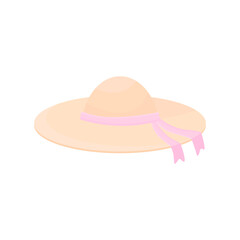 Hat with a pink ribbon in cartoon style on a white isolated background. Women's hat
