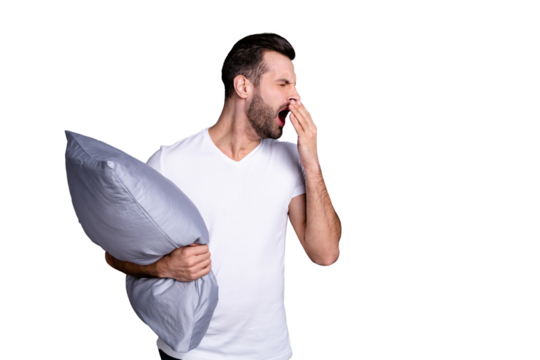 Portrait of his he nice-looking attractive bored sleepy bearded guy chill out holding in hands pillow drowsiness isolated over gray pastel violet purple background