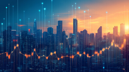 Naklejka premium A stunning city skyline with digital data visualization, representing growth and technology at sunset.