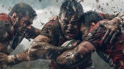 Rugby players in intense muddy tackle collision