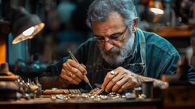 An elderly craftsman carefully hones his jewelry, his workshop filled with tools and quiet focus.