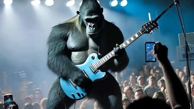 Gorilla Playing Electric Guitar on Stage During a Lively Concert Generative AI