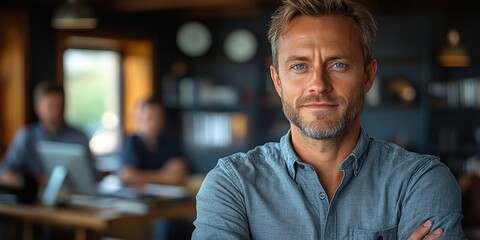 Obraz premium Confident middle-aged man with folded arms standing in a modern office space featuring bookshelves and colleagues in the background