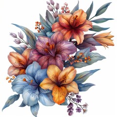 watercolor clipart of A cascading arrangement of orchids and lilies on white background, watercolor effect, watercolor texture