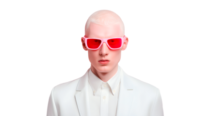 Stylish portrait of a model with light skin and white hairs in a white suit with bold red sunglasses, isolated PNG. Perfect for fashion editorials and modern advertising.
