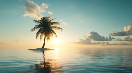 Serene Solitude: High-Definition Minimalist Tropical Island with Lone Palm Tree - Exotic Wallpaper of Sunlit Shores