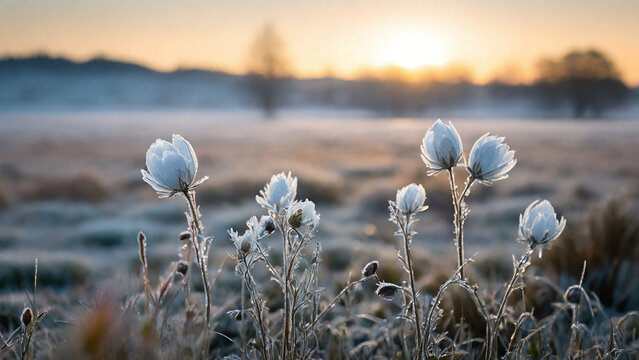 Frozen sunny winter morning. ice covered grass and wildflower.