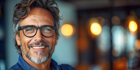 Fototapeta premium Middle-aged man with glasses smiling confidently in a blurred background of warm ambient lights, highlighting a relaxed and appealing atmosphere