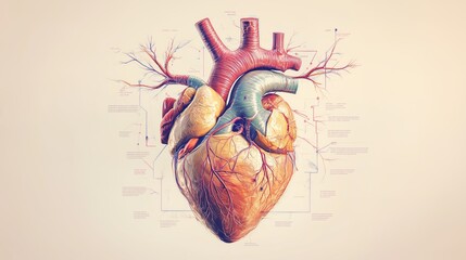 A colorful diagram of the heart shows arteries, veins, valves, and blood flow pathways for education.