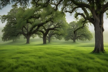 A peaceful green meadow with a few tall oak trees, AI Generated
