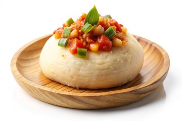 A fermented cassava dough often served with sweet toppings, isolated on white Background' with descriptions: