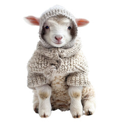 Fototapeta premium Young sheep wearing knitted clothing and posing in front of a white background