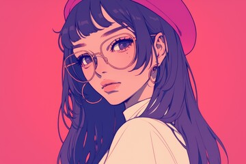 Girl with long, straight black hair, wearing round glasses, a red beret, a white dress, Asian, lavender solid background 