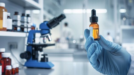 Scientist in lab coat holding vial of experimental drug, with microscope and scientific equipment, symbolizing drug trials and medical research process.
