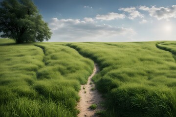 Obraz premium A peaceful meadow with a narrow trail leading through the grass toward the horizon, Ai Generated