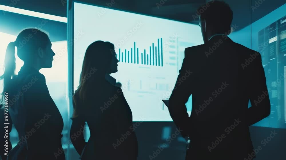 Poster Silhouette of a business team analyzing data projections in a high-tech corporate environment during a strategic meeting