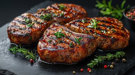Grilled Pork Chops with Herbs and Spices on Grey Background