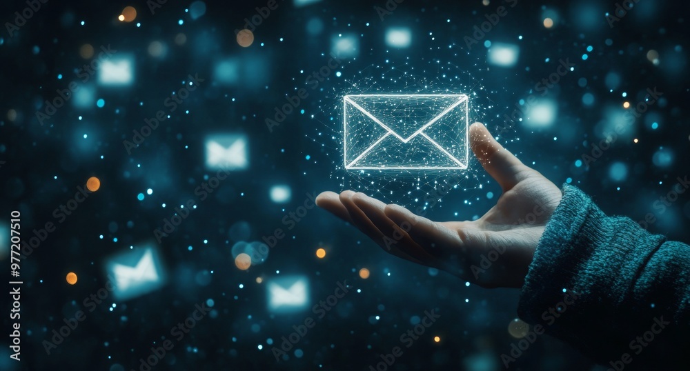 Wall mural businessman touching a white email icon floating on a blue background with dots, a business and tech