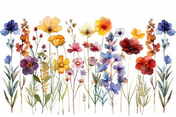 Fototapeta premium autumn themed different wildflowers spacing, botanical style showcase, watercolor clipart on white background