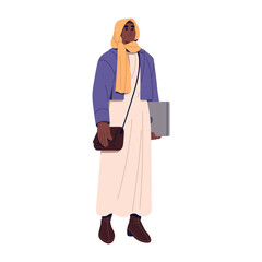 Young Islamic woman in hijab holds laptop in hand. Muslim girl in headscarf with stylish shoulder bag. Fashion moslem in dress to office work. Flat isolated vector illustration on white background