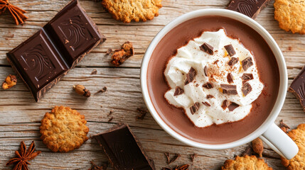 Fototapeta premium Rich hot chocolate topped with whipped cream and chocolate shavings, surrounded by cookies and chocolate bars on a rustic wooden table