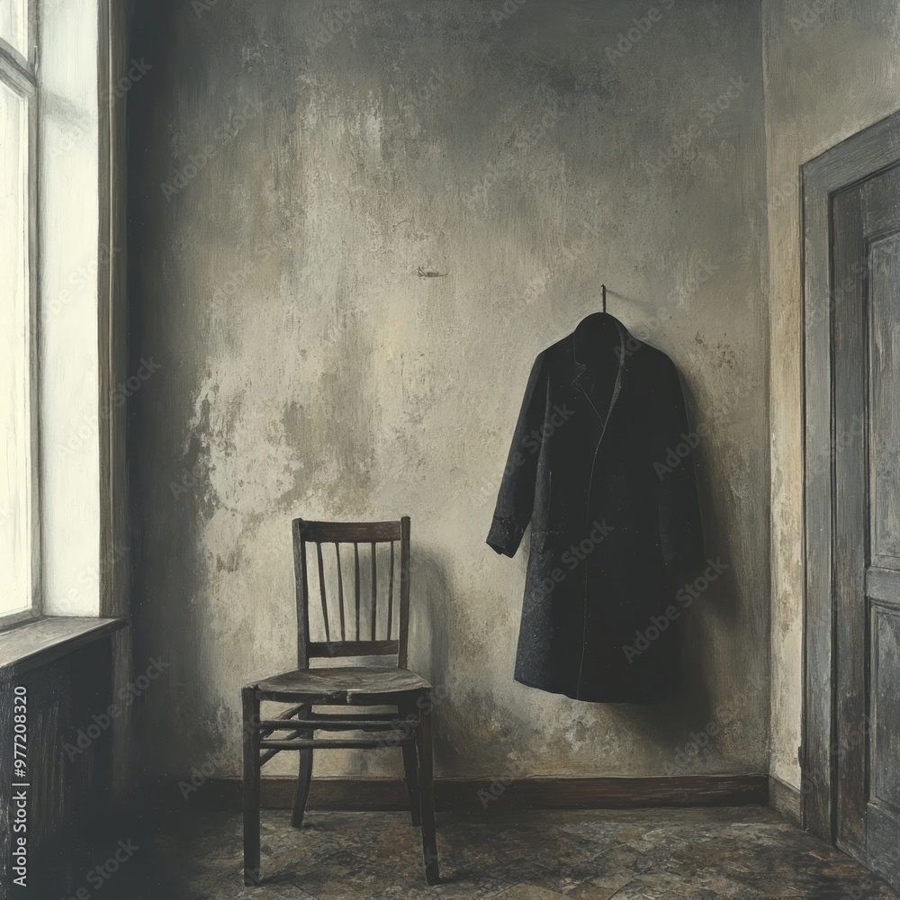 Canvas Prints A solitary chair and coat in a dim, textured room.