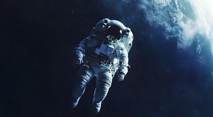 Fototapeta premium An astronaut floats in space, with Earth visible behind him. He is wearing a space suit. There are many stars around him, and 5K realistic science fiction, 3D sci-fi art