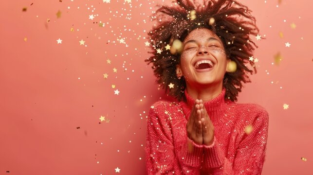 Woman expressing happiness for New Year 2025 resolutions with star symbol