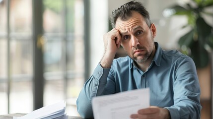 Man sitting at desk with concerned expression, holding stack of papers symbolizing financial stress and national debt, emphasizing personal and economic challenges.