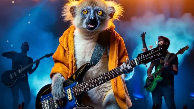 Playful Lemur Rocks out With a Guitar on a Vibrant Concert Stage Generative AI