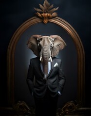 An elephant's head and trunk in a black suit with a bowtie and pocket square.