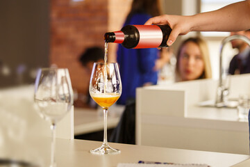 Woman Pouring Beer to Participant During Ale Type Tasting, Close up.