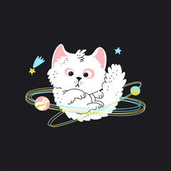 Cute fluffy white cat astronaut soaring in space with planets and stars, vector cartoon funny fantasy kitten cosmonaut