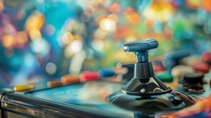Close-up of joystick controller hovering over vibrant video game screen with blurred game characters and landscapes, symbolizing excitement and freedom of playing a free game.