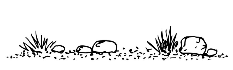 Hand drawn simple vector illustration with black outline. Bushes of grass, stones and sand, steppe plants, prairie, desert area. Nature and vegetation. Sketch in ink.