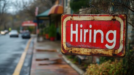 A weathered red Hiring sign prominently displayed on a rustic street sidewalk with a blurred background featuring vehicles and storefronts