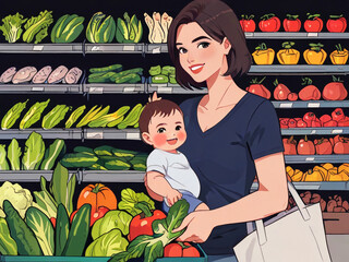 flat illustration, a young mother with a child goes shopping for groceries in the vegetable department of the supermarket ,AI generated