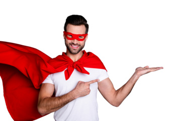 Portrait of his he nice-looking attractive content macho cheerful cheery bearded guy holding copy space on palm advert best solution choose choice isolated over gray pastel background