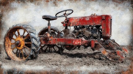 Obraz premium Rustic red tractor in a weathered setting, showcasing vintage farming equipment with worn features and timeless character