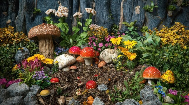 Colorful variety of mushrooms surrounded by vibrant flowers in a lush, enchanted garden scene