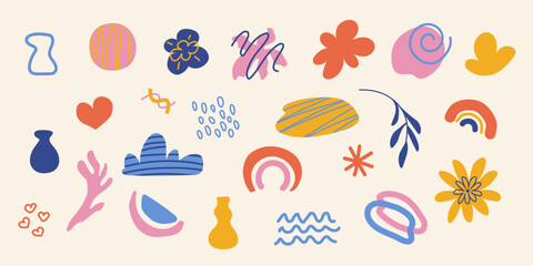 Collection of abstract hand drawn shapes. Vector collection of abstract funny doodles, cute vector illustration. Set of abstract colorful retro wind-up shapes in cartoon 90s 00s style
